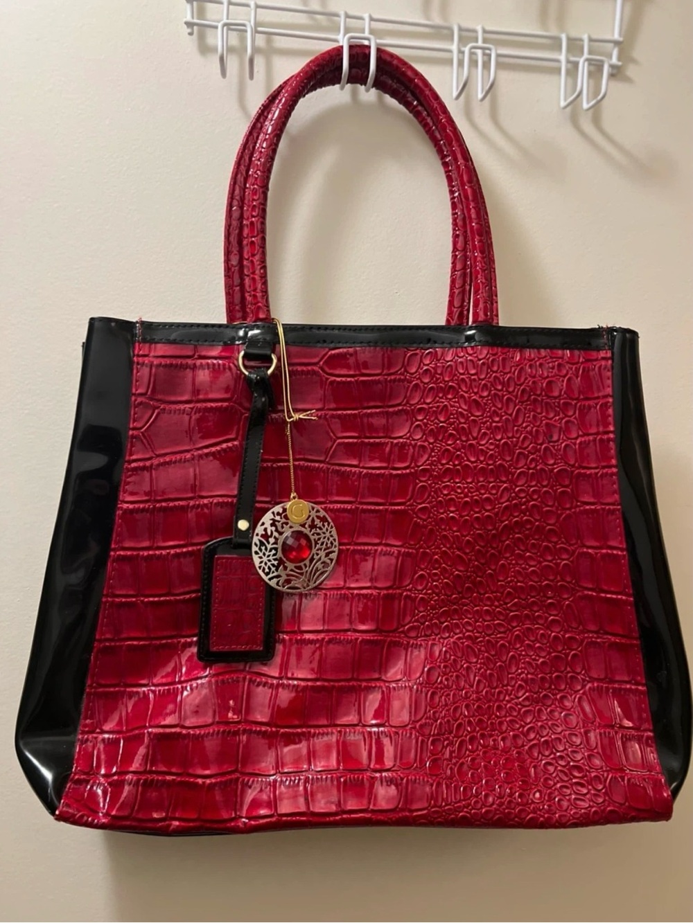 New-Red Croc-Embossed Tote Handbag with Black Trim